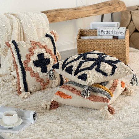 Deerlux 16" Handwoven Cotton Throw Pillow Cover with Tufted Line Pattern and Double Tassel Corners QI004306.LN